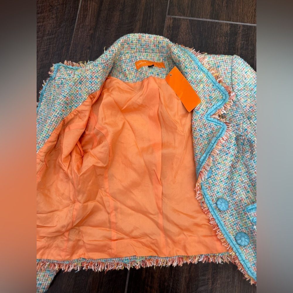 Cynthia Steffe Tweed Fringe Cropped Blazer Teal Orange Multi-Color Jacket NWT S - Picture 10 of 15